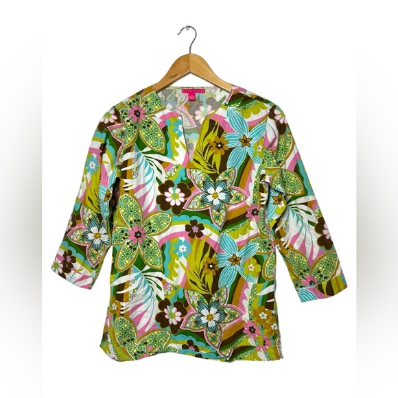 Peter Millar Tops - Womens Peter Millar Golf Blouse Floral Tunic Top Pink Retro Floral Cotton Sz M